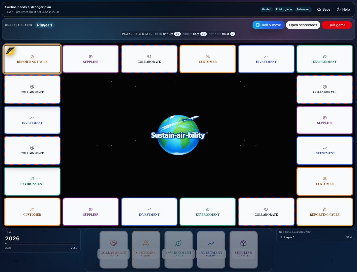 Sustain-air-bility game board with reporting-cycle spaces, five card decks, current-player controls and the 2050 emissions target.