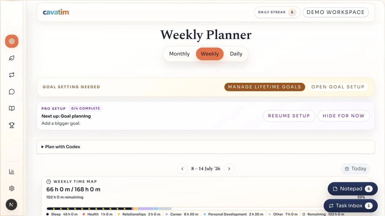 Cavatim weekly planner showing tasks, time allocation and remaining capacity